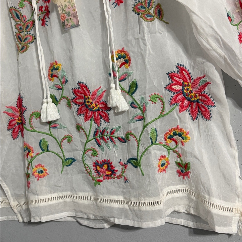 Johnny Was White Embroidered Floral Tunic with Pink and Green Accents - Picture 4 of 13